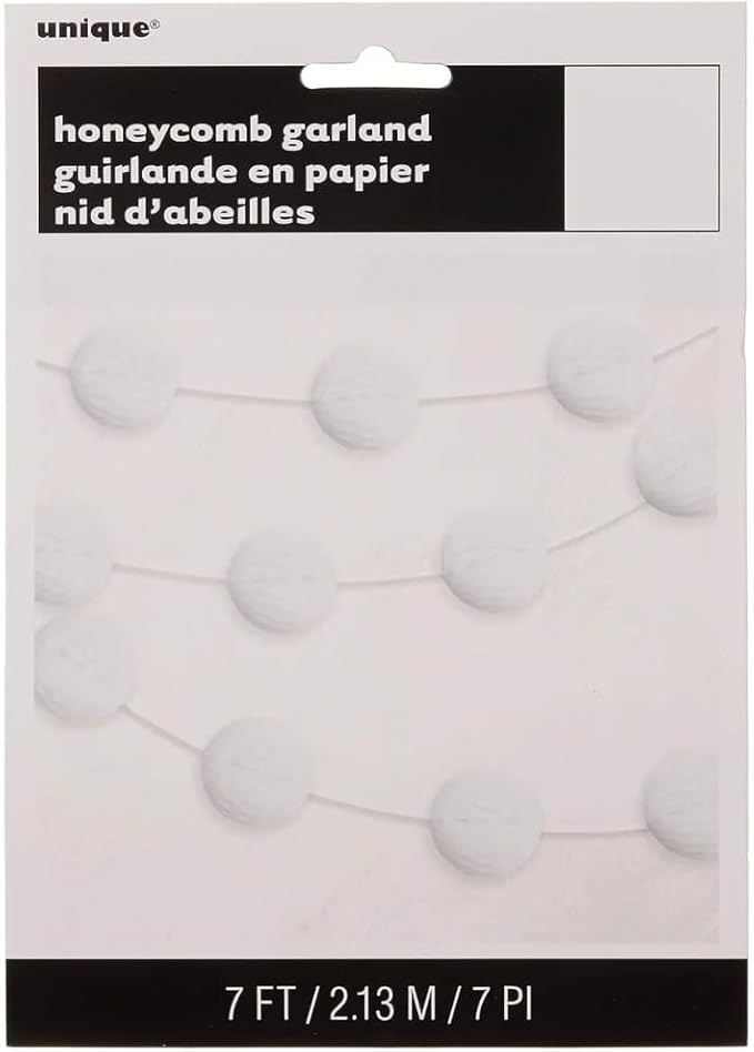 White Honeycomb Ball Garland - 7 ft. - Elegant Paper Decor - Ideal for Bridal Showers, Birthdays, & Christmas Parties (1 Pc.)