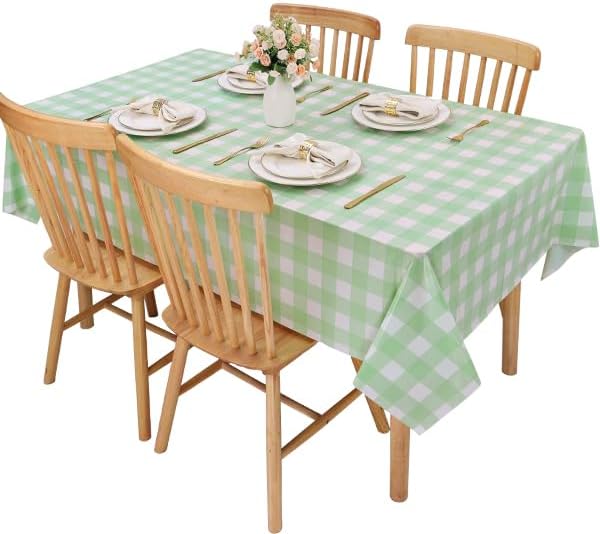 Kesfey 9 Packs Sage Green Gingham Tablecloth Sage Green and White Checkered Table Cloths 54 x 108 Inches Disposable Plastic Gingham Tablecovers Waterproof Picnic Camping Table Covers for Baby Shower