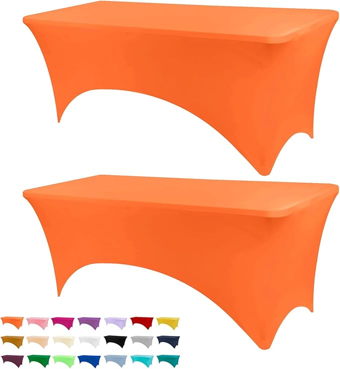 Table Covers for 6 Foot Tables, 2 Pack Orange Washable and Wrinkle Resistant Stretch Tablecloths Rectangle 6ft for Events, Wedding, Banquets, Parties