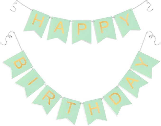 Green Happy Birthday Banner - Mint Green Hanging Backdrop Sign with Gold Letters, Happy Birthday Sign Bunting Decorations for Women men Kids Baby Shower Party Supplies (13pcs)