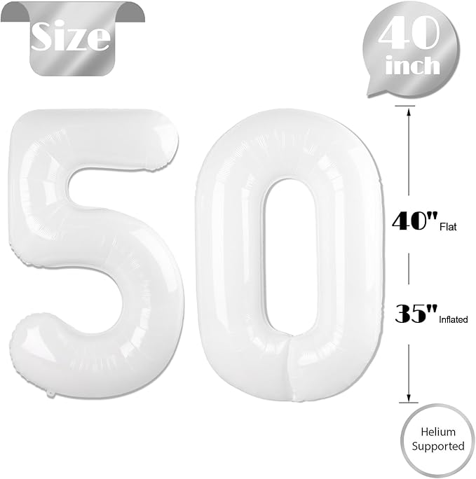 White Number 50 Balloon 40 inch, Translucent 50 Number Balloons, 50th White Birthday Decorations for Women Men, 50 Year Old Party Supplies