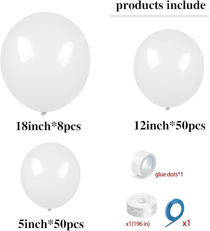 KAWKALSH White Balloon Different Sizes, 111Pcs 18 12 5 Inch Matte White Latex Balloon Arch Kit Garland for Wedding Bridal Graduation Baby Shower Birthday Party Decorations