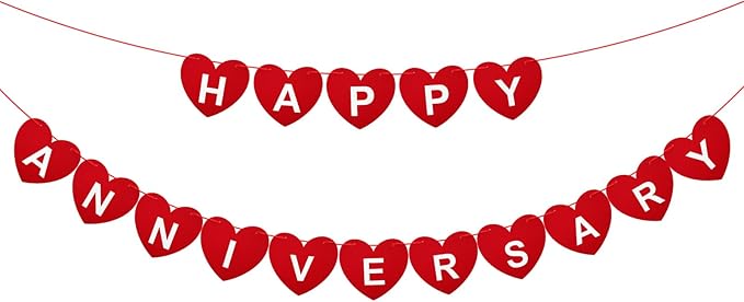 Pre-Strung Happy Anniversary Banner - No DIY Felt Wedding Anniversary Party Banner Sign Red Heart Garland for Romantic Wedding Decorations