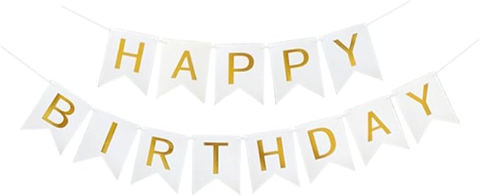 Happy Birthday Banner With Shiny Gold Letters, Swallowtail Design Hanging Signs Party Decorations (White)