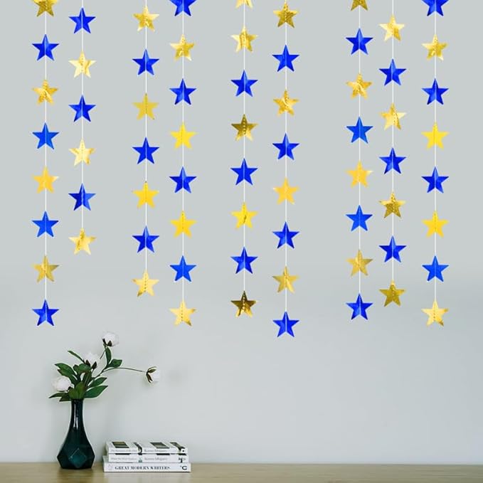 Blue Gold Shining Star Hanging Garland Blue Gold Hanging Sparkling Star Streamer Glitter Bunting Banner Twinkle Backdrop for Wedding Baby Shower Birthday Christmas Decorations 40 Feet