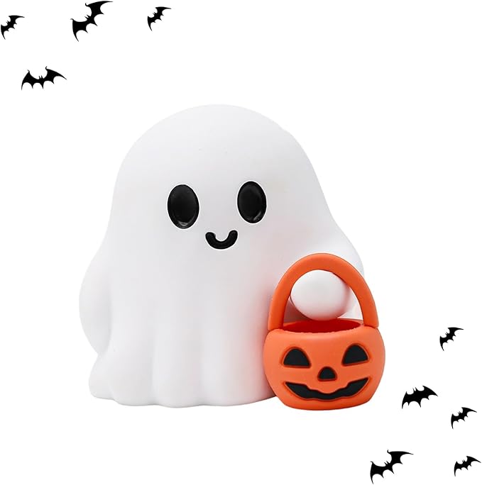 Halloween Ghost Figurine Cartoon Cute Spooky Carrying Pumpkin Basket Cute Halloween Office Desk Decor Display Ornament Tiny Trick or Treat Ghost Resin Statue for Home Supplies