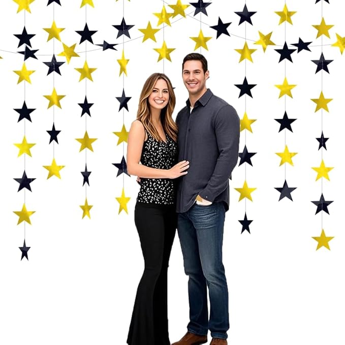 Black Gold Shining Star Hanging Garland Black Gold Hanging Sparkling Star Streamer Glitter Bunting Banner Twinkle Backdrop for Wedding Baby Shower Birthday Decorations 40 Feet