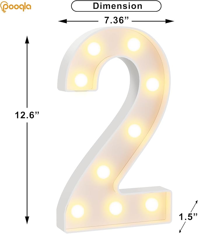 Pooqla Large Light Up Numbers for 2nd Birthday Decorations, 12.6 in Tall White Plastic Marquee Numbers Sign Party Decorations, Gift for Girls Boys Night Light Wedding Anniversary Decor, Big Number 2