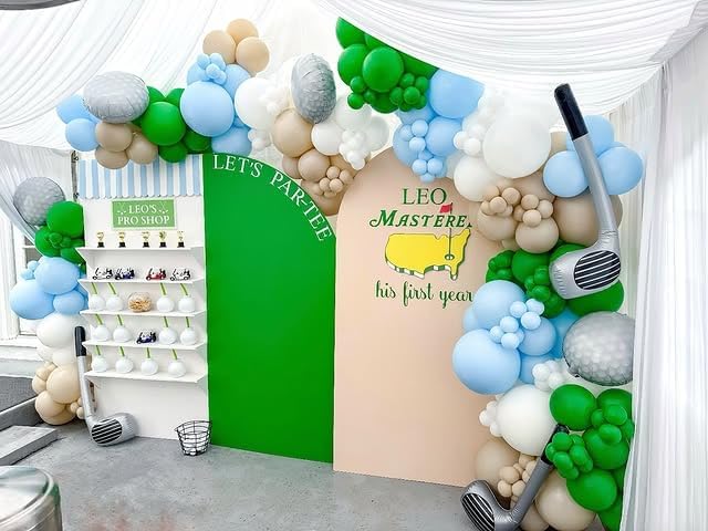 Hole in One Balloon Garland Arch Kit 131 Blue Green White Latex Balloons with Golf Cart and Ball Foil Balloons for Hole in One First Birthday Golf-Themed Retirement Party Decoration