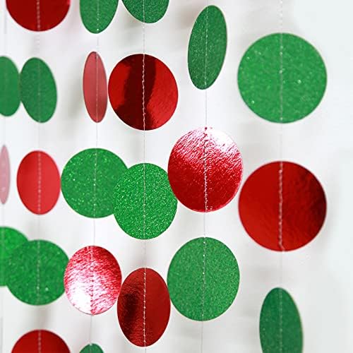 JEYE Red Green Circle Dots Party Garland Banner Decoration Paper Streamer Backdrop Hanging Decor for Birthday Engagement Wedding Christmas Party Decor, Pack of 2, 26 Feet in Total