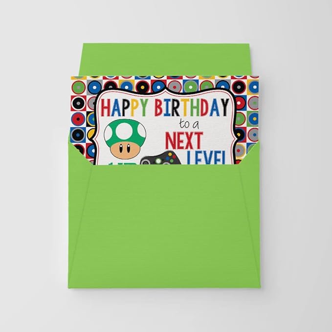 Next Level Friend Video Game Birthday Pun Themed Single (1) All Occasion Blank Birthday Card To Send To Friends & Family, 4"x 6" (when folded) Fill In Greeting Note Card by AmandaCreation