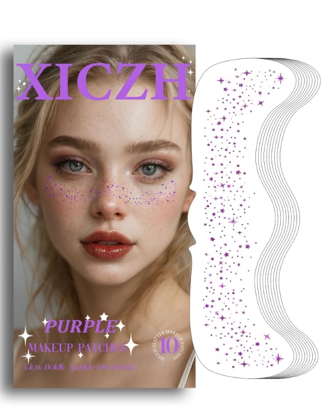 Glitter Freckles, Purple Temporary Face Tattoos Stickers, Body Face Glitter for Women Girls, Country Concerts Singer Festival Rave Accessories (Purple - 10 pcs)