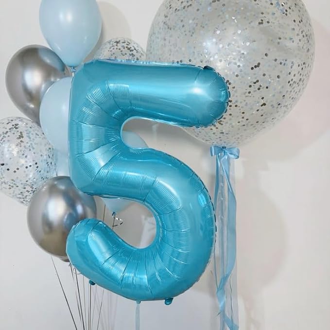 40 Inch Light Blue Number Balloon 5, Large Baby Blue Number 5 Balloons for Birthday Party Decorations, Blue Foil Mylar Birthday Balloons