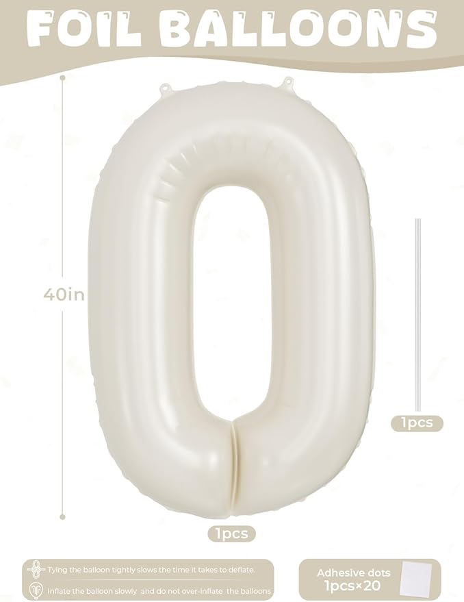 Cream Number 0 Balloons - 40 Inch Number Balloons Big Light Cream Foil Balloon, Mylar balloon for Birthday Anniversary Baby Shower Party Decorations