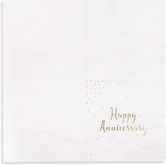BLUE PANDA Happy Anniversary Napkins - 5 x 5 In, 3-Ply, 50 Pack, Elegant Gold Foil - Disposable Anniversary Paper Goods & Cocktail Napkins for Wedding Party Decor