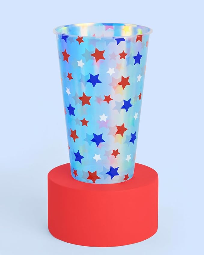 xo, Fetti Fourth of July Decorations Iridescent Plastic Cups - 16 Disposable 16 oz Cups | USA Party Favors, American Flag Party Supplies, 4th of July Decorations, Red White and Blue Decor
