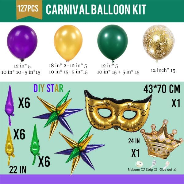 Mardi balloon garland arch kit 130pcs Purple green gold with golden confetti balloons Mylar star Crown and Crown Mask Balloons for Gorgeous Funny Grand Fat Tuesday Party decorations