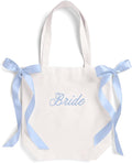 xo, Fetti White Bride Canvas Tote Bag, Blue Satin Bows | Bachelorette Party Decorations, Bride To Be Purse Accessory, Bridesmaid Gift, Bridal Shower Supplies, Engagement Party Favor