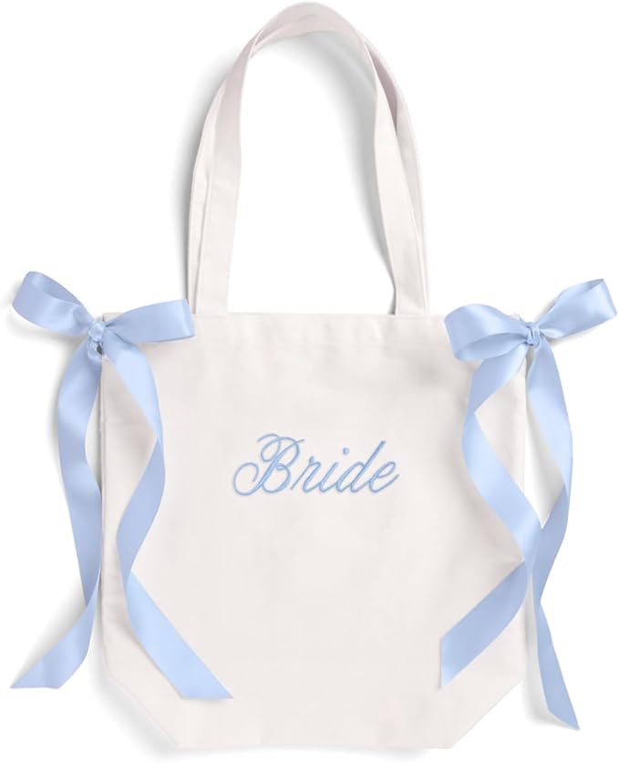 xo, Fetti White Bride Canvas Tote Bag, Blue Satin Bows | Bachelorette Party Decorations, Bride To Be Purse Accessory, Bridesmaid Gift, Bridal Shower Supplies, Engagement Party Favor