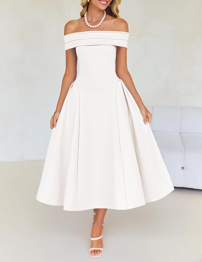ZESICA Summer 2026 Cocktail Dresses for Women's Off Shoulder Short Sleeve Swing A Line Wedding Evening Party Midi Dress