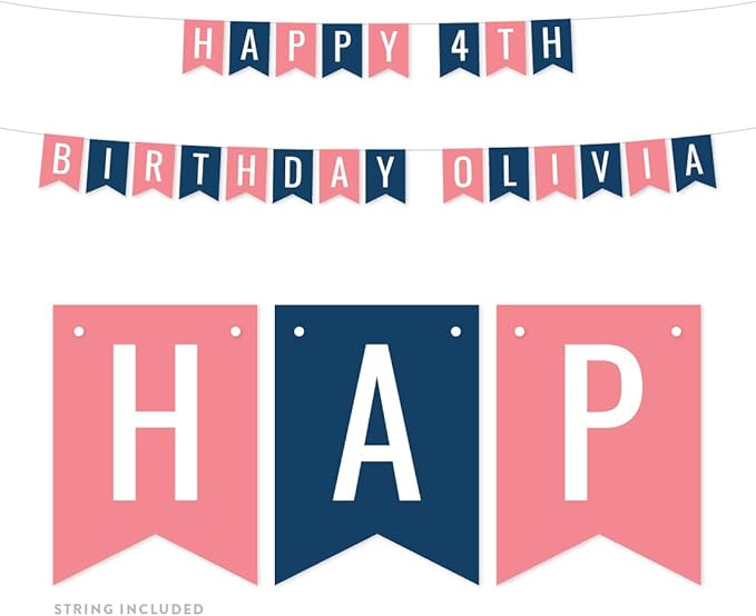 Andaz Press Personalized Hanging Pennant Banner Party Decorations, Coral, Navy Blue, Happy 4th Birthday Olivia, 1-Pack, Approx. 5-Feet, Custom Name and Number