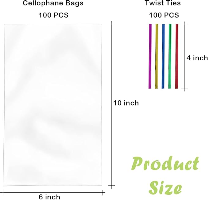 PPRAFDD 100 Pcs 6x10 Cellophane Bags Clear Cellophane Gift Bag with Twist Ties Clear Treat Bags for Bakery,Popcorn,Cookies,Candies,Dessert, Small Gift Party Favors
