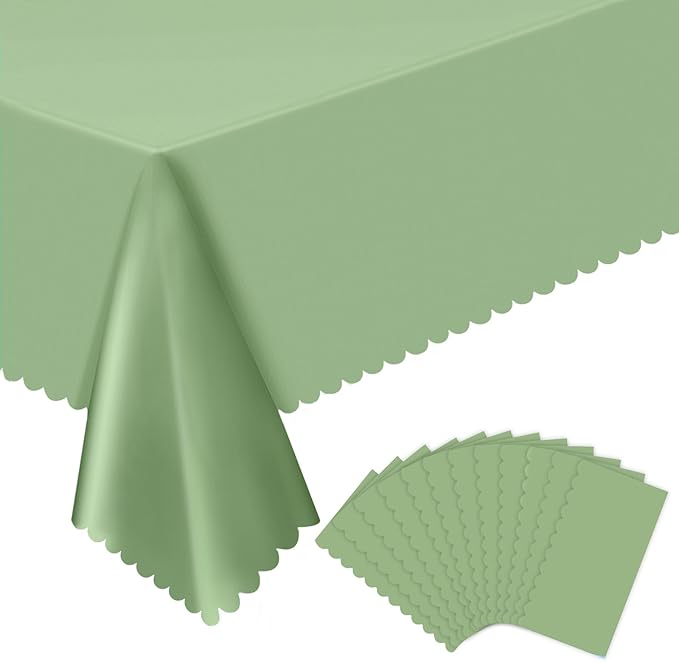 12 Pack Plastic Sage Green 54 X 108Inch Disposable Easter Scalloped Table Cloth, Waterproof Covers for Rectangle Table – Spring BBQ Picnic Wedding Bridal Shower Baby Shower Tea Party