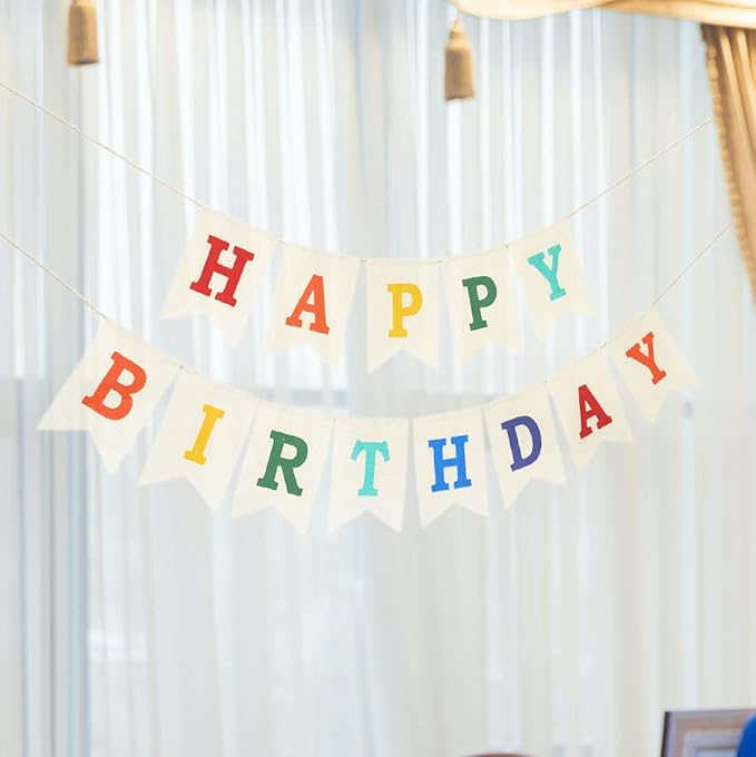 Burlap Happy Birthday Banner, Assembled Birthday Banner Sign Garland for Colorful Birthday Party Decorations