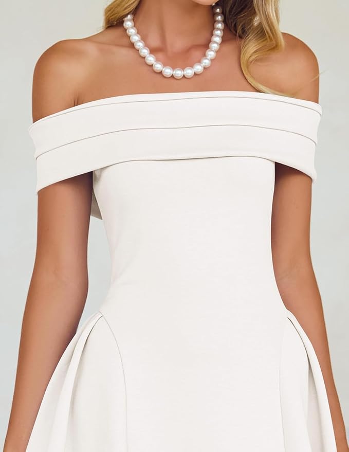 ZESICA Summer 2026 Cocktail Dresses for Women's Off Shoulder Short Sleeve Swing A Line Wedding Evening Party Midi Dress