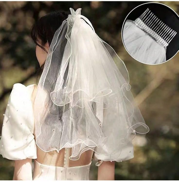 White Short Wedding Veil Pearl Rhinestone Bride Veils Bridal Veils Bachelorette Party Veil for Brides and Women