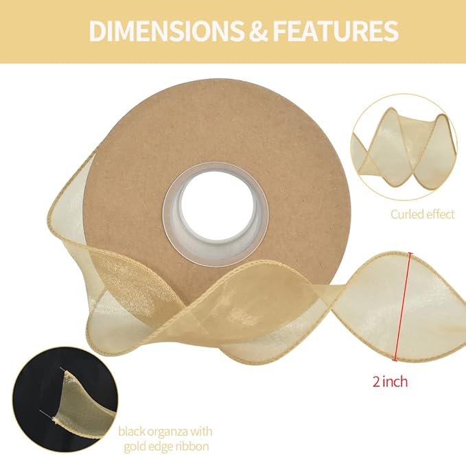 TONIFUL 1-1/2 Inch Wide Gold Wired Chiffon Ribbon Sheer Organza Ribbons for Crafts Floral Bouquets Wedding New Year Eve Party Decorations Valentine's Day Gift Wrapping Bow Making Tree Wreaths (10yd)