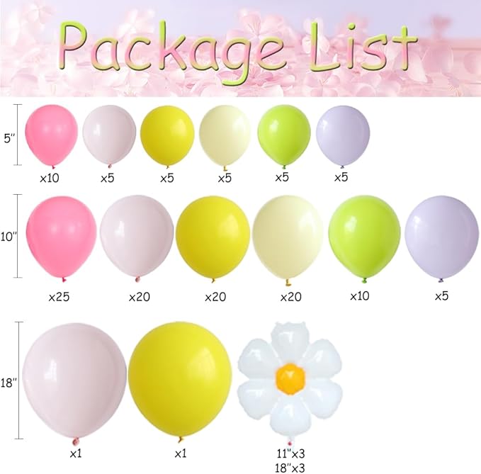 Daisy Balloon Arch Kit 143Pcs Yellow Pink Green Purple Pastel Balloon Garland with Daisy Foil Balloons for Spring Floral Groovy Easter Tea Party Birthday Decorations