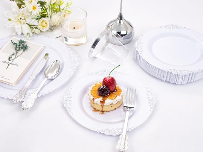 Liacere 350PCS Silver Plastic Plates&Pre Rolled Napkins for 50 Guests - Plastic Dinnerware Sets 100Silver Disposable Plates, 150Silver Silverware, 50Cups and 50Napkins for Christmas