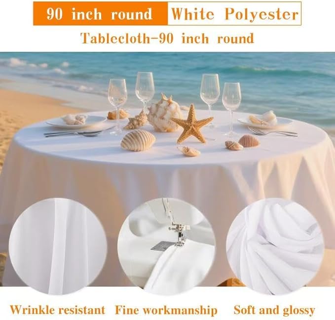 WIGENIUS 2 Pack White Table Cloth Round Tablecloths 90 Inch,Polyester Table Cloth for 5 Foot Round Tables,Wrinkle Resistant Washable Fabric Table Covers for Party,Wedding Banquet