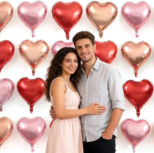 Rose Gold & Pink Heart Balloons - 10 Pcs 18 Inch Foil Heart Shaped Balloons for Girls Women - Red Light - Valentines Day, Birthday, Wedding, Baby Shower, Bridal Party Decorations