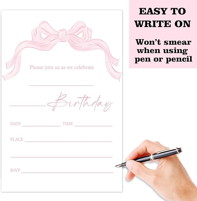 Pink Bow Birthday Invitation Cards For Girls Adult Teens, Birthday Party Supplies Favors, 20 Fill-In Invitation Cards with Envelopes -26