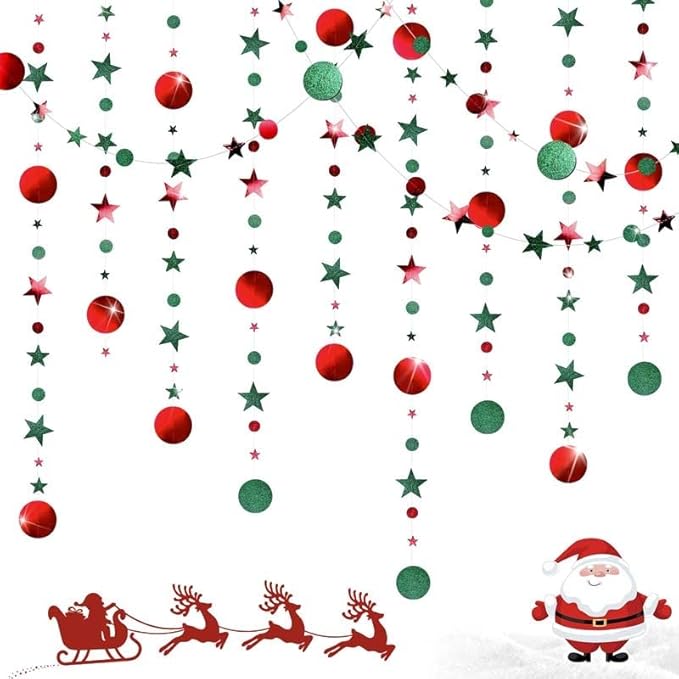 JEYE Red Green Circle Dots Twinkle Star Party Garland Banner Decoration Paper Hanging Streamer Bunting Backdrop Decor for Birthday Wedding Thanksgiving Christmas Decor, Pack of 2, 26 Feet in Total