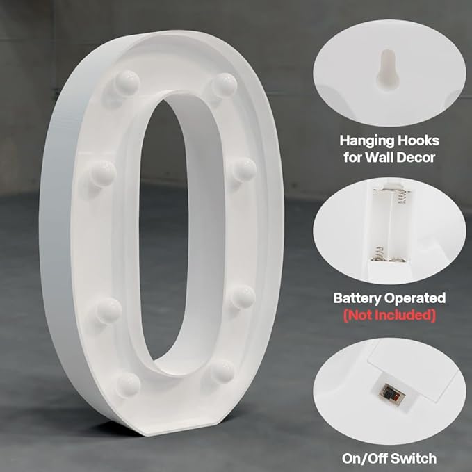 Marquee Numbers Light up Numbers, 0-9 Number Battery Powered LED Light, White Plastic Numbers Sign, Night Light Number Decor for Graduation Engagement Wedding Baby Shower Birthday (Number 0)