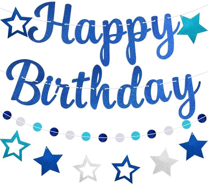 Pre-Strung Happy Birthday Banner, NO DIY Birthday Decorations with Circle Dot Garland，Happy Birthday Party Decorations for Women Men Girls Boys (Blue)