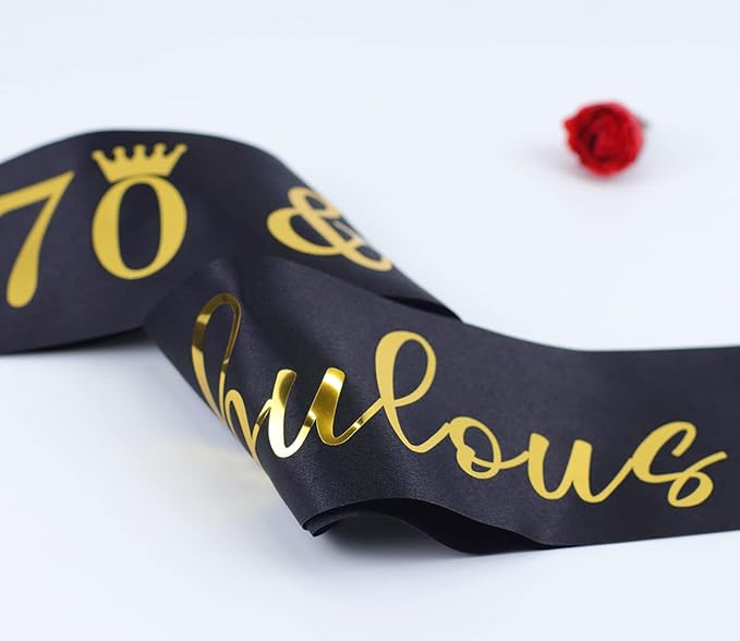 70th Birthday Sash for Women and Men 70&Fabulous Sash Black with Gold Foil Lettering