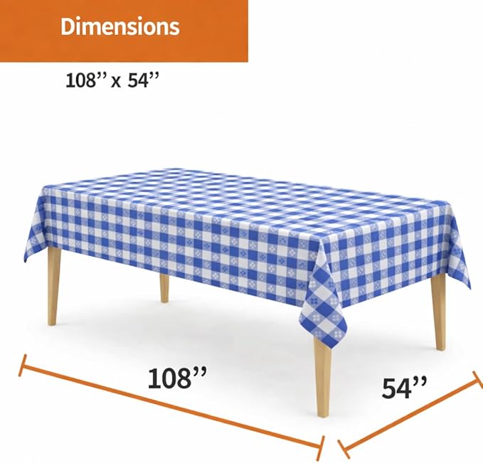 Party Dimensions Blue Gingham Disposable Plastic Tablecloths for Rectangle Tables, 54" x 108", 12-Pack, Plastic Table Covers for Parties, Picnics, Events, Indoor & Outdoor Use