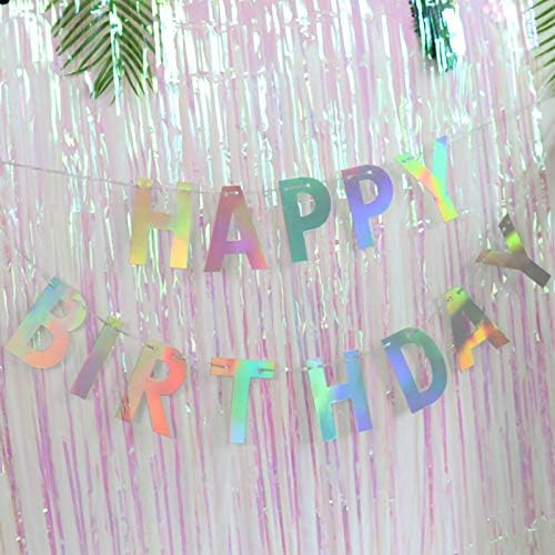 Fermus Pre-Strung Holographic Happy Birthday Banner - NO DIY - Iridescent White Hanging Bunting Garland Party Decorations