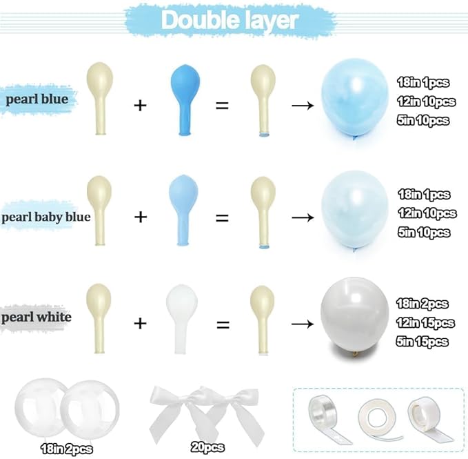 Blue White Balloon Garland Double Stuffed Light Baby Blue Balloons White Bow Bobo Pearl Balloon Arch Kit for Wedding Birthday Baby Shower Winter Princess Party Decorations