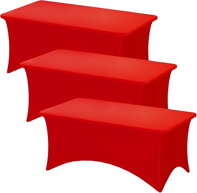 Fixwal 3 Pack Red Table Cloths Rectangle 6FT, Tablecloths Rectangular Stretch Spandex Fitted Table Covers 6 FT for Valentine's Day, Festival Parties, Trade Shows, Banquet, Weddings, Event