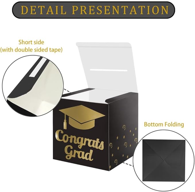 Graduation Card Box Holder, Congrats Grad Foldable Cardboard Decorations Box for Graduation Party Decoration and Grad Parties (Black)