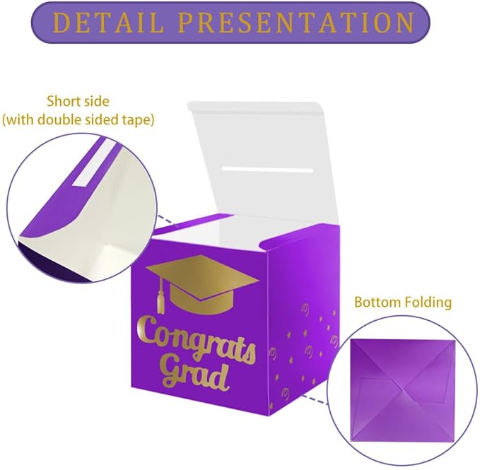 Graduation Card Box Holder, Congrats Grad Foldable Cardboard Decorations Box for Graduation Party Decoration and Grad Parties (Purple)