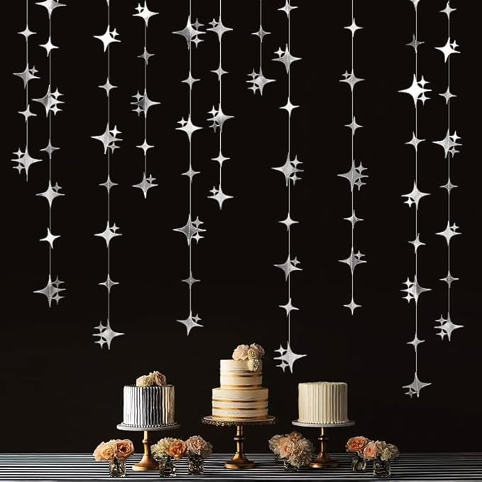 Glitter Silver Four-Angle Star Paper Garland Banner Décor 40 Feet Twinkle Silver Star Hanging Bunting Banner Backdrop for Wedding Baby Shower Birthday Graduation Disco Party Decorations