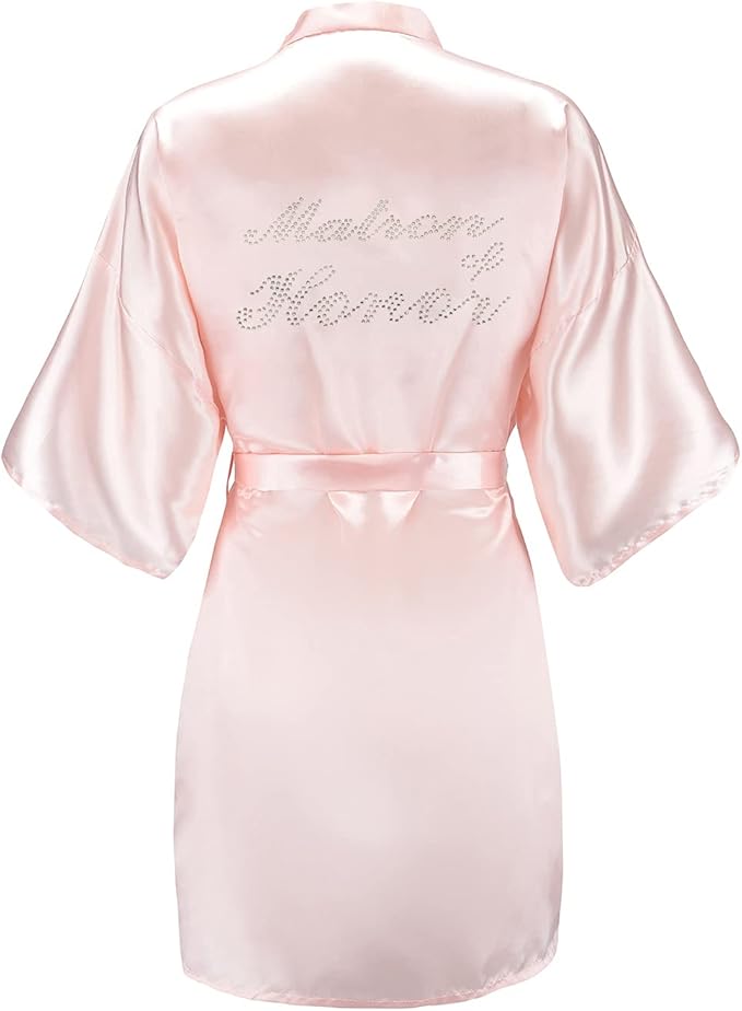 EPLAZA Women's One Size Silver Rhinestones Bride Bridesmaid Short Satin Robes for Wedding Party Getting Ready