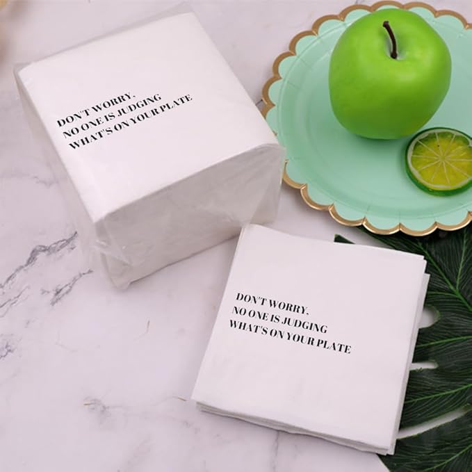 Funny Cocktail Napkins 100Pcs Funny Quotes Saying Disposable Paper Party Napkins 4.5 x 4.5 Two-ply (Don't worry, No one is Judging What's On Your Plate Napkins)