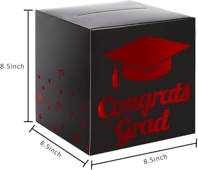 Graduation Card Box Holder, Congrats Grad Foldable Cardboard Decorations Box for Graduation Party Decoration and Grad Parties (Black-red)
